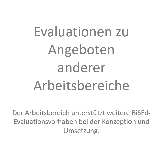 Evaluationen zu Angeboten anderer Arbeitsbereiche. Der Arbeitsbereich unterstützt weitere BiSEd- Evaluationsvorhaben bei der Konzeption und Umsetzung.
