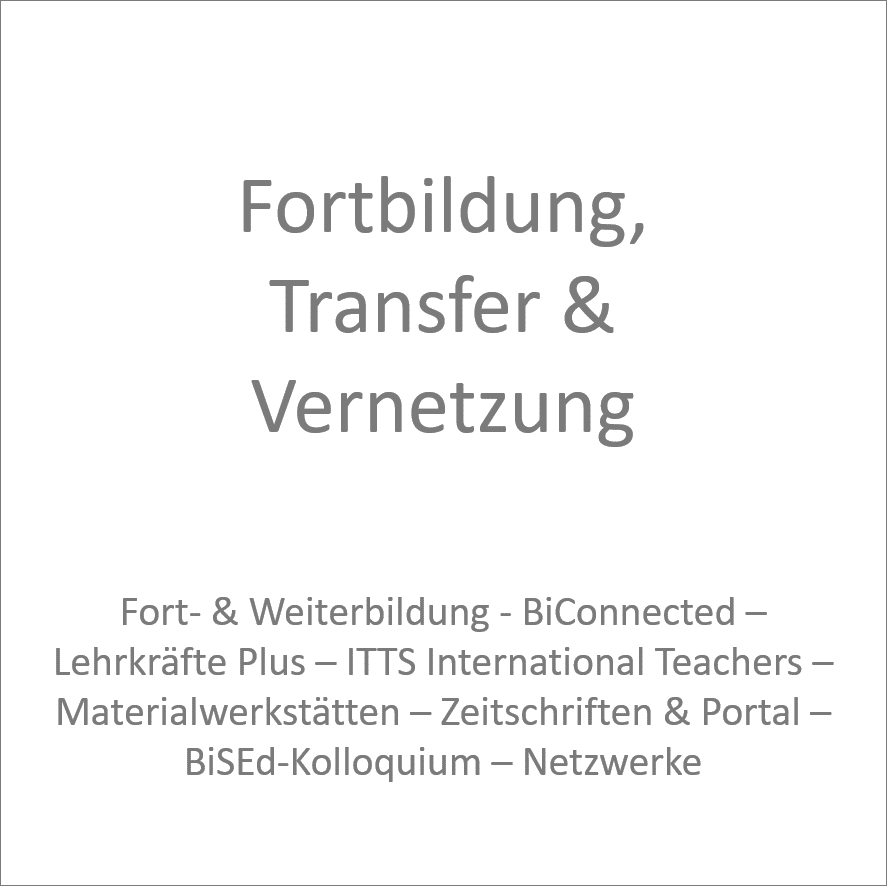 Fortbildung, Transfer & Vernetzung - Fort- & Weiterbildung, BiConnected, LehrkräftePlus, ITTS International Teachers, Materialwerkstätten, Zeitschriften & Portal, BiSEd-Kolloquium, Netzwerke