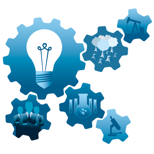 Graphic: blue gear wheels with different icons within, a light bulb, a microscope, a group of three people etc.