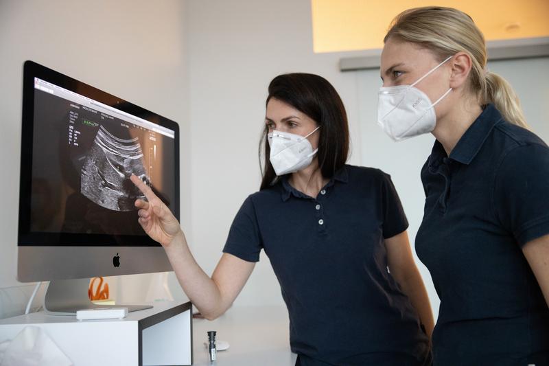 Zwei Ärztinnen begutachten ein Ultraschallbild auf einem Monitor.