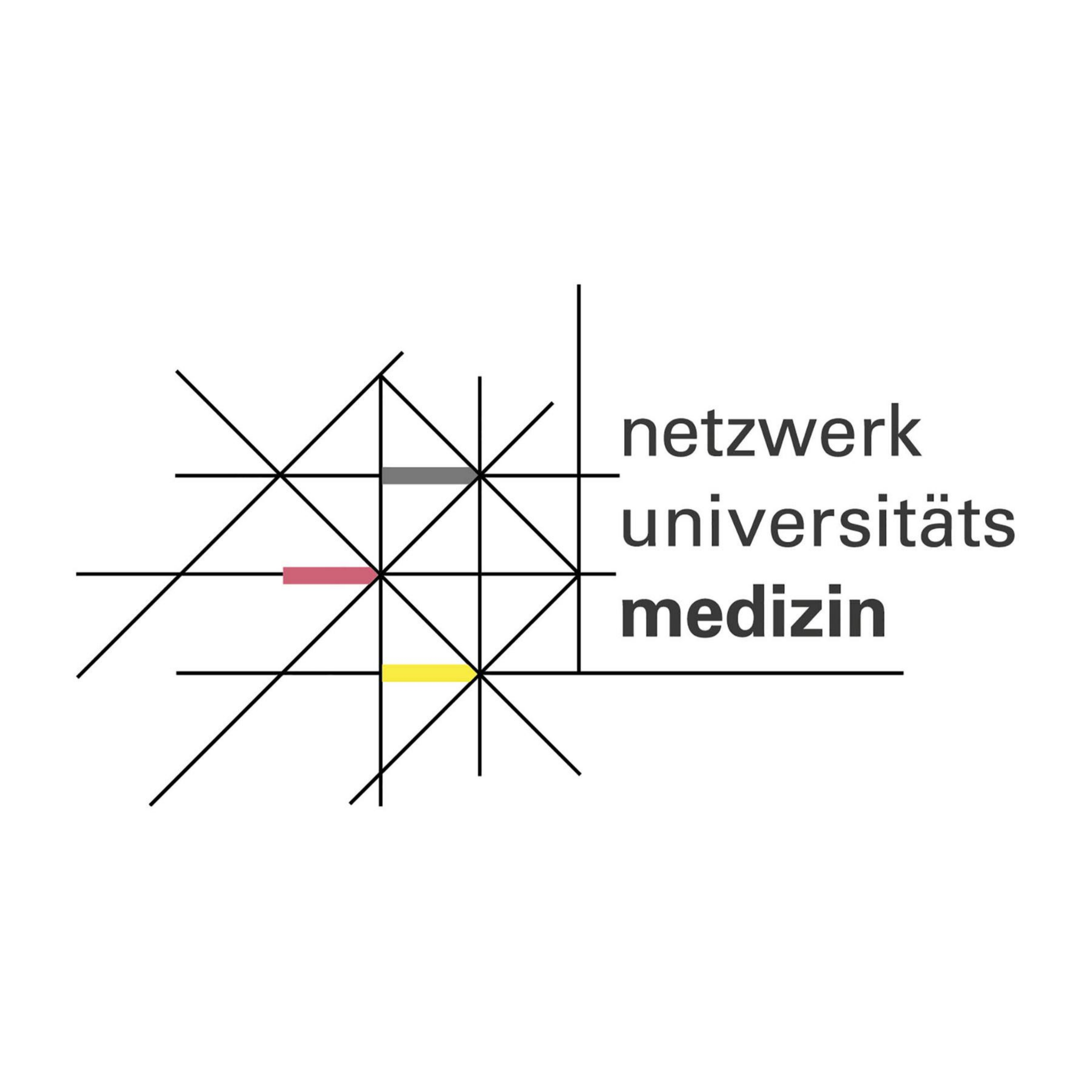Zu sehen ist das Logo des Netzwerks Universittsmedizin. Es handelt sich um eine Wort-Bild-Marke, die ein Netzwerk symbolisiert. 