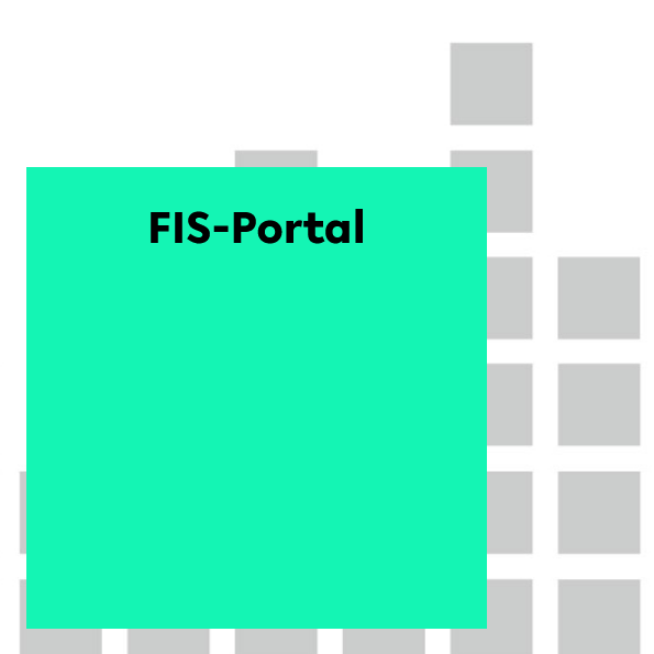 Grnes Quadrat auf kleineren grauen Quadraten mit dem Schriftzug FIS-Portal